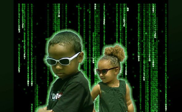 futuristic children placed in a faux matrix background